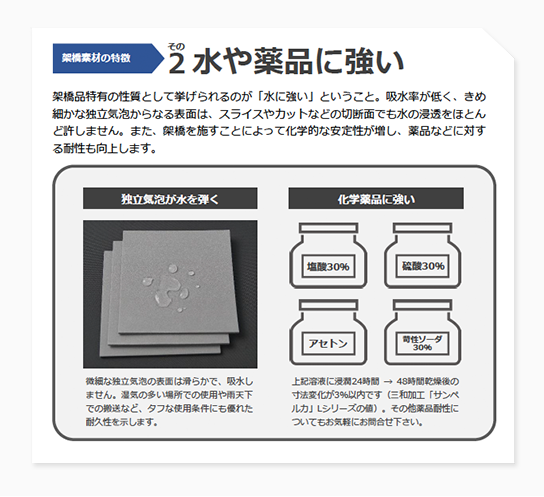 架橋素材の特徴　その2 水や薬品に強い